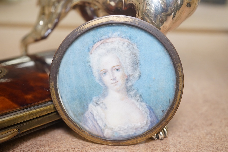 An enamelled silver plated model of a hound, tortoiseshell cigar case and watercolour miniature of a lady, largest 14cm wide. Condition - fair to good